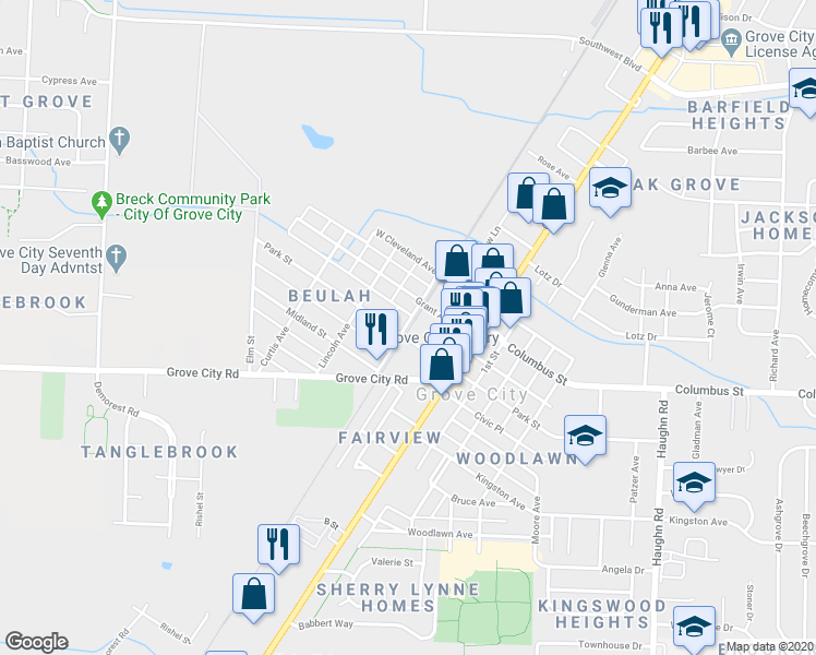map of restaurants, bars, coffee shops, grocery stores, and more near 3950 Front Street in Grove City
