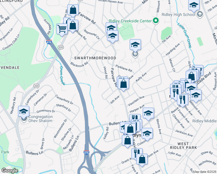 map of restaurants, bars, coffee shops, grocery stores, and more near 1307 Ardsley Road in Swarthmore