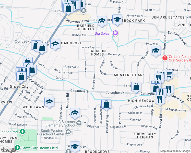 map of restaurants, bars, coffee shops, grocery stores, and more near 2926 La Rosa Drive in Grove City