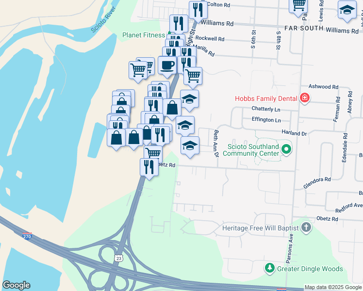 map of restaurants, bars, coffee shops, grocery stores, and more near 102 Obetz Road in Columbus