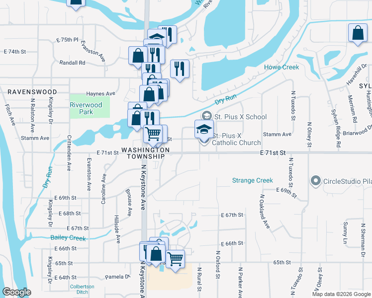 map of restaurants, bars, coffee shops, grocery stores, and more near 2610 East 71st Street in Indianapolis