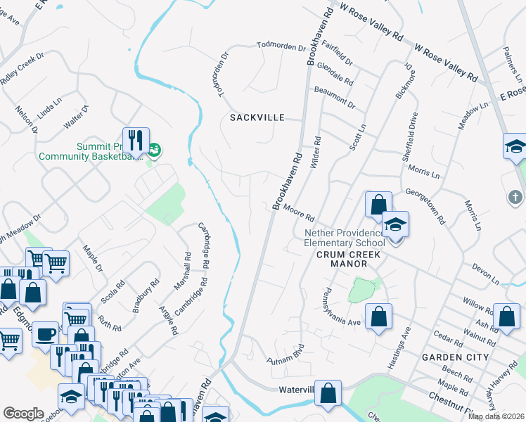 map of restaurants, bars, coffee shops, grocery stores, and more near 707 Brookhaven Road in Nether Providence Township