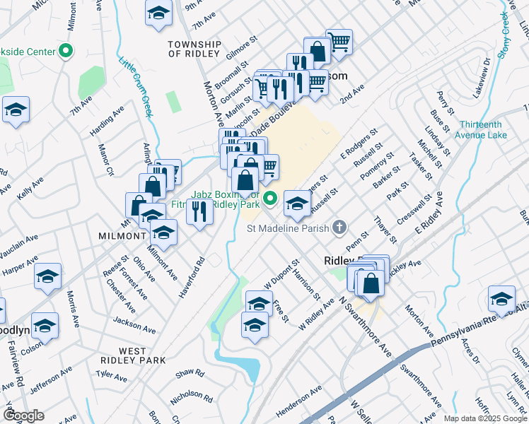 map of restaurants, bars, coffee shops, grocery stores, and more near 611 North Swarthmore Avenue in Ridley Park