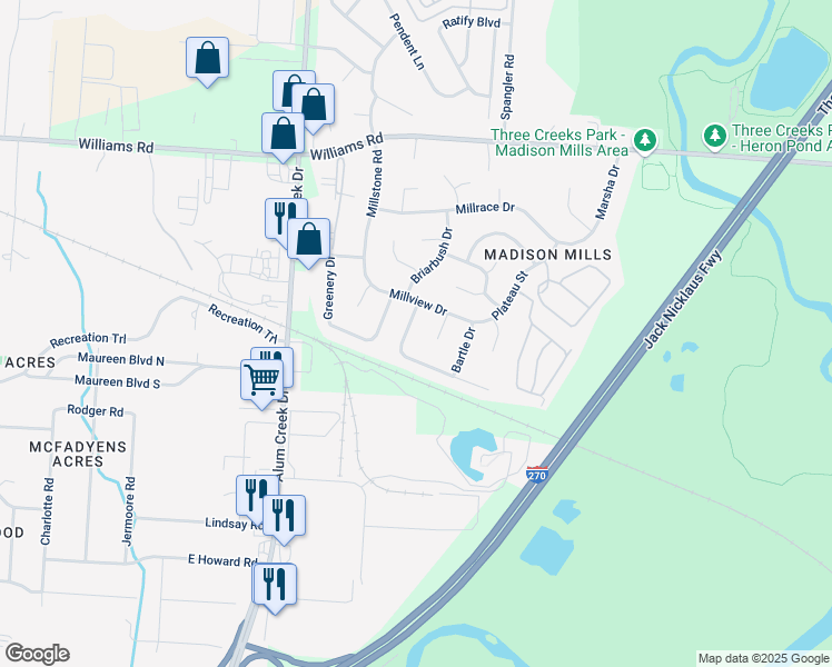 map of restaurants, bars, coffee shops, grocery stores, and more near 4100 Wintertime Drive in Columbus