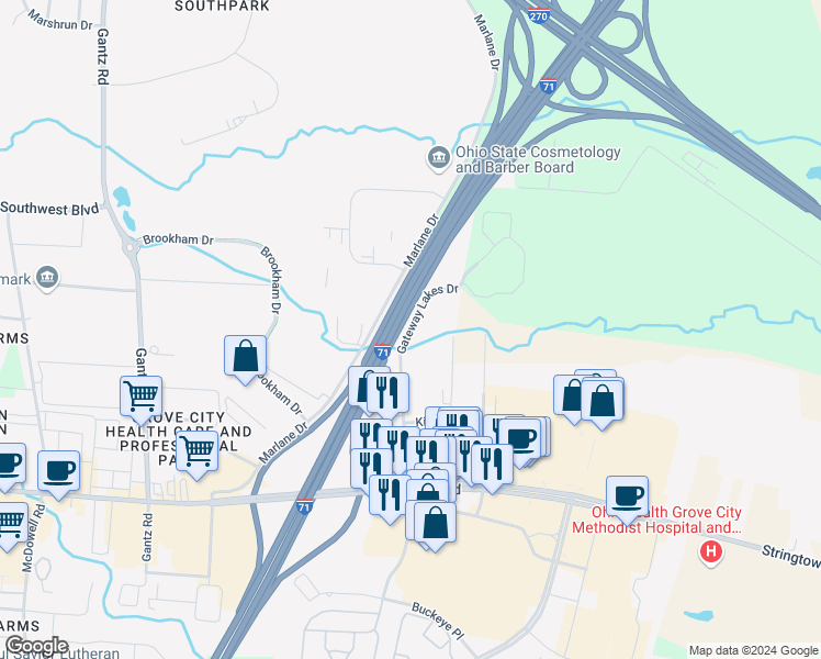 map of restaurants, bars, coffee shops, grocery stores, and more near 3616 Gateway Lakes Dr in Grove City