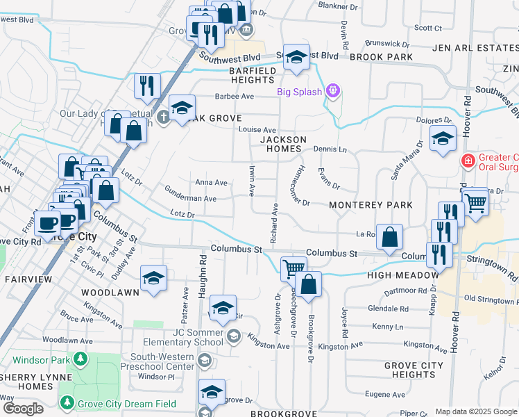 map of restaurants, bars, coffee shops, grocery stores, and more near 2972 Irwin Avenue in Grove City