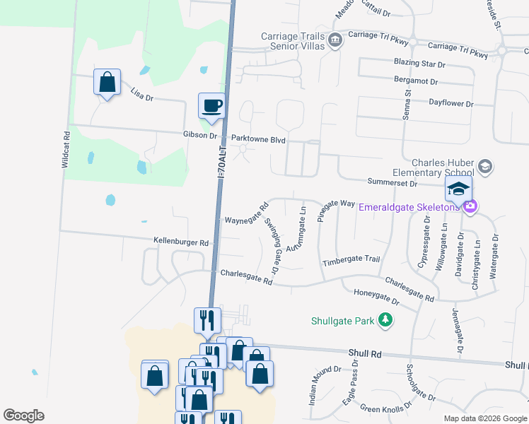 map of restaurants, bars, coffee shops, grocery stores, and more near 5778 Waynegate Road in Dayton