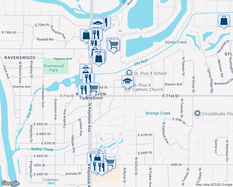 map of restaurants, bars, coffee shops, grocery stores, and more near 2610 East 71st Street in Indianapolis