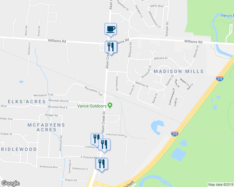 map of restaurants, bars, coffee shops, grocery stores, and more near 4083 Greenery Drive in Columbus