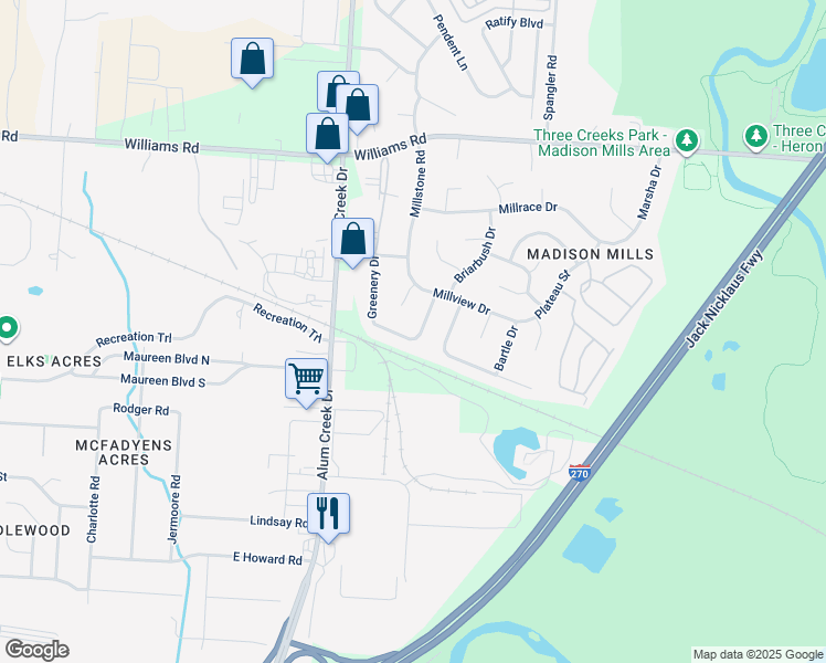 map of restaurants, bars, coffee shops, grocery stores, and more near 4099 Acres Drive in Columbus