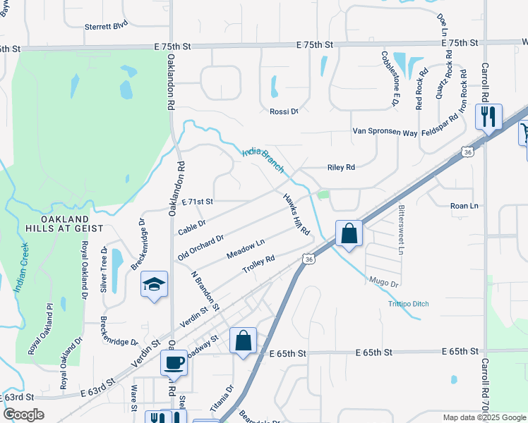 map of restaurants, bars, coffee shops, grocery stores, and more near 12040 Old Orchard Dr in Indianapolis