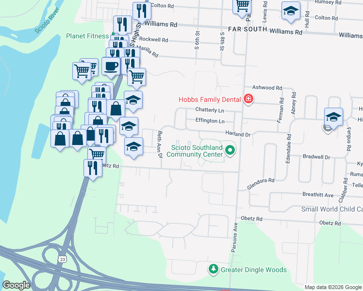 map of restaurants, bars, coffee shops, grocery stores, and more near 3939 Rosland Drive in Columbus