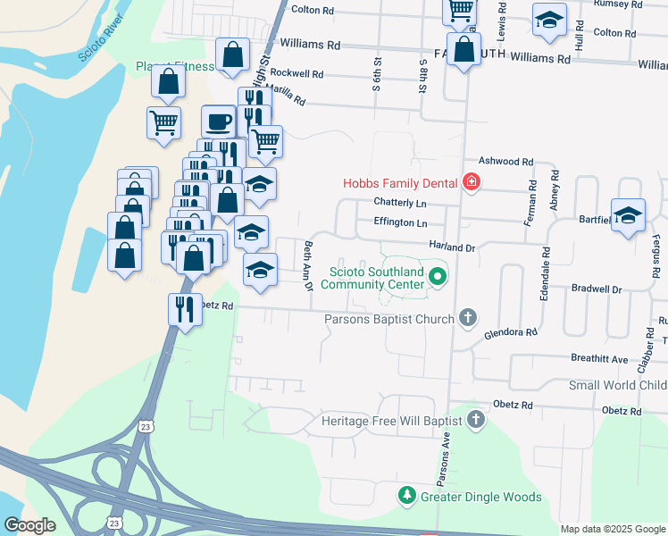 map of restaurants, bars, coffee shops, grocery stores, and more near 239 Akeya Court in Columbus