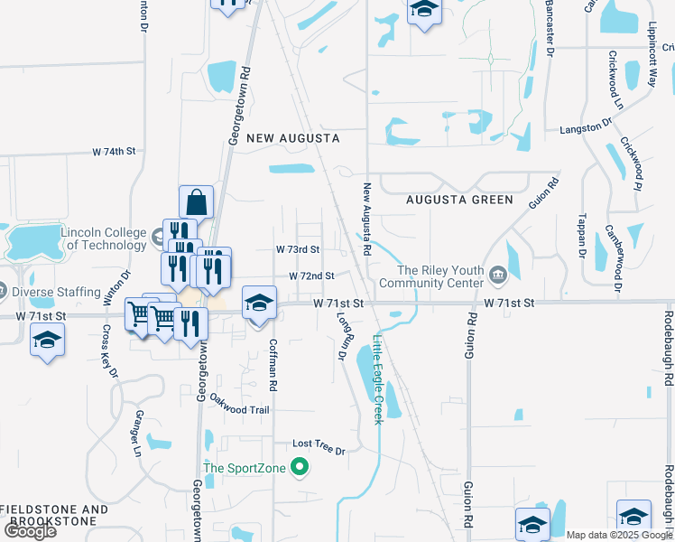 map of restaurants, bars, coffee shops, grocery stores, and more near 4540 West 72nd Street in Indianapolis