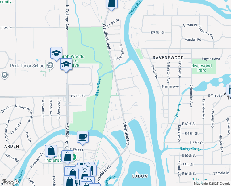 map of restaurants, bars, coffee shops, grocery stores, and more near 7140 Westfield Boulevard in Indianapolis