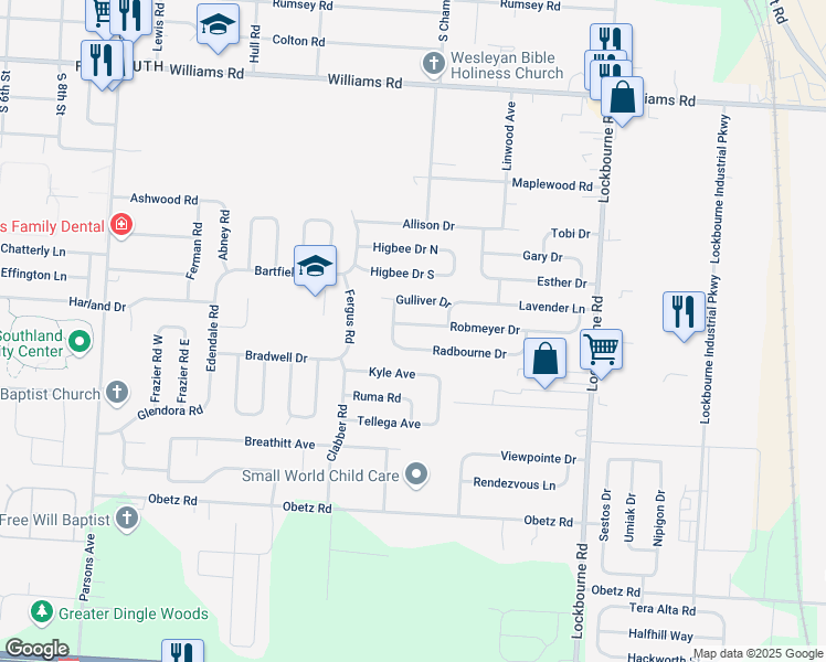 map of restaurants, bars, coffee shops, grocery stores, and more near 855 Robmeyer Drive in Columbus