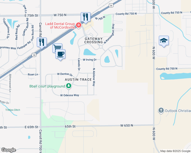 map of restaurants, bars, coffee shops, grocery stores, and more near 6939 North Abilene Way in McCordsville