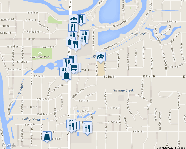 map of restaurants, bars, coffee shops, grocery stores, and more near 2610 East 71st Street in Indianapolis