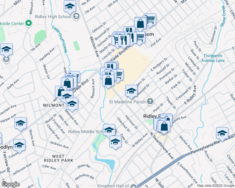 map of restaurants, bars, coffee shops, grocery stores, and more near 611 North Swarthmore Avenue in Ridley Park