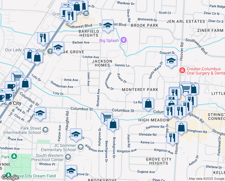 map of restaurants, bars, coffee shops, grocery stores, and more near 2861 Homecomer Drive in Grove City