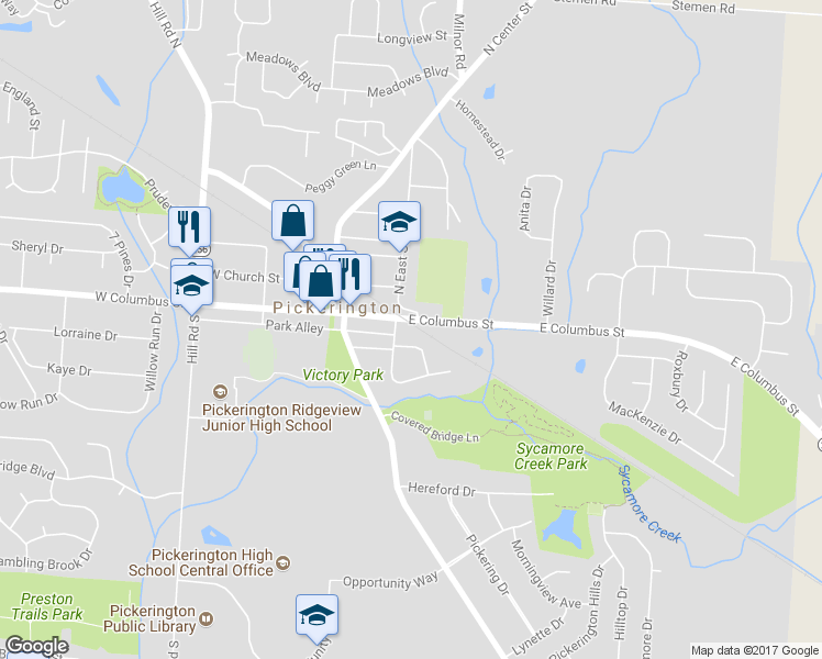 map of restaurants, bars, coffee shops, grocery stores, and more near 103 E Columbus St in Pickerington