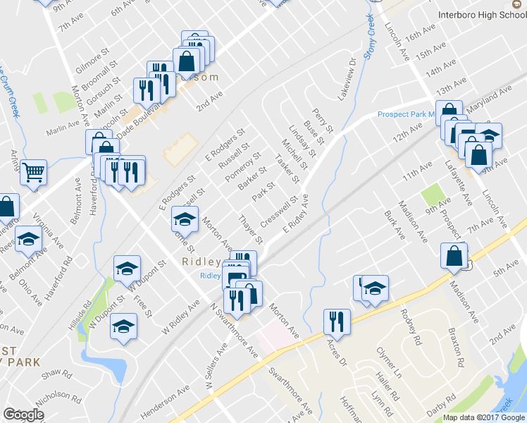map of restaurants, bars, coffee shops, grocery stores, and more near 305 Purcell Street in Ridley Park