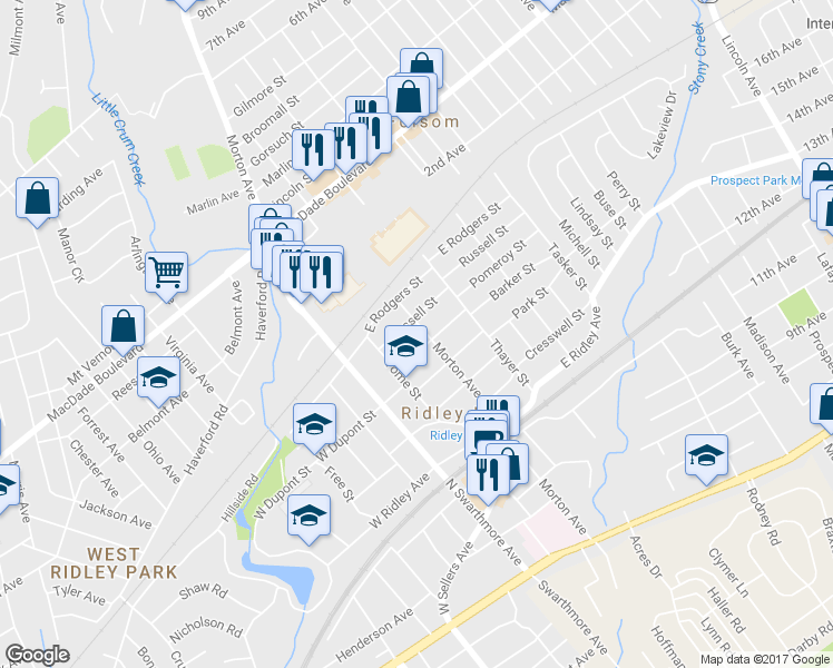 map of restaurants, bars, coffee shops, grocery stores, and more near 604 Morton Avenue in Ridley Park