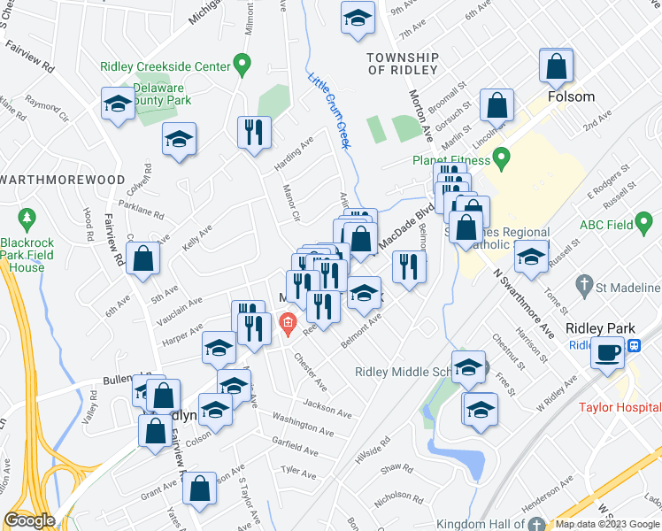 map of restaurants, bars, coffee shops, grocery stores, and more near 401 Baltimore Avenue in Folsom