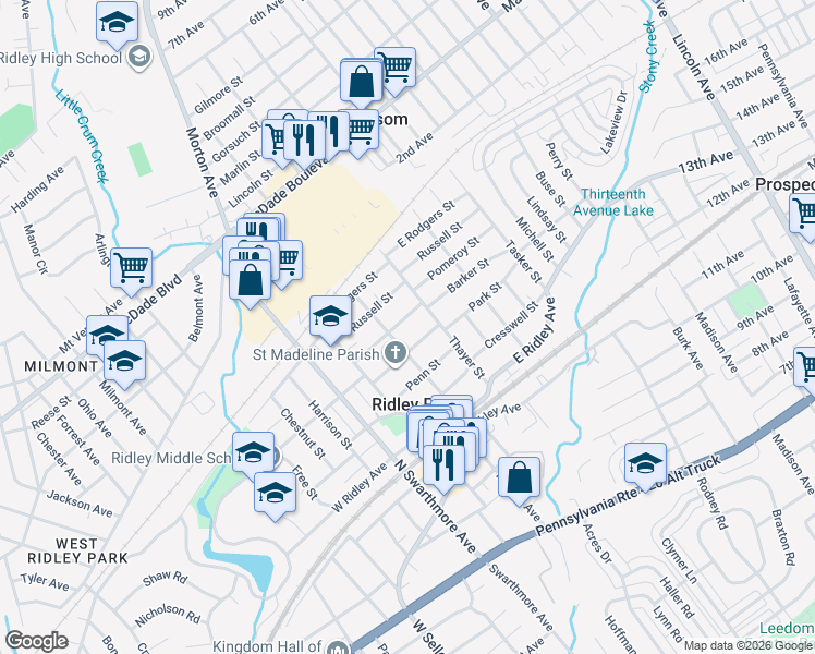 map of restaurants, bars, coffee shops, grocery stores, and more near 206 Barker Street in Ridley Park