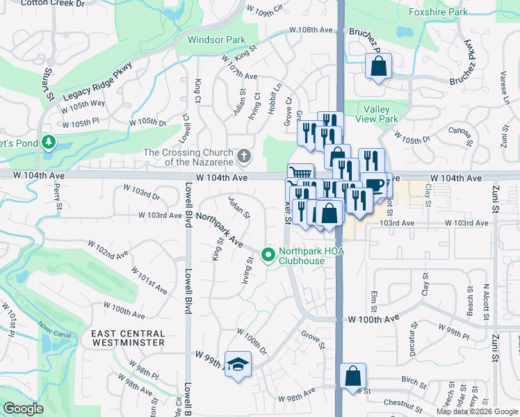 map of restaurants, bars, coffee shops, grocery stores, and more near 10323 Northpark Drive in Westminster