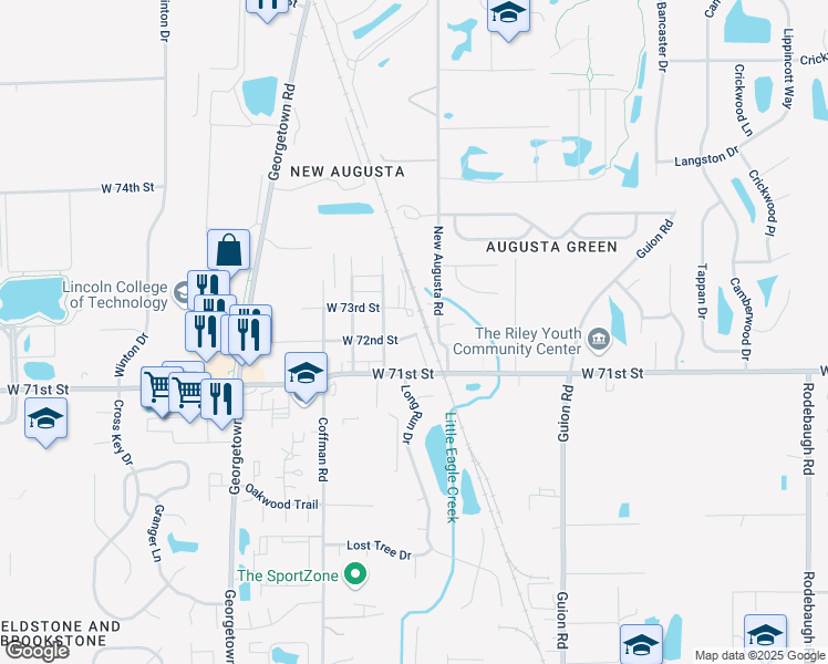 map of restaurants, bars, coffee shops, grocery stores, and more near 4540 West 72nd Street in Indianapolis