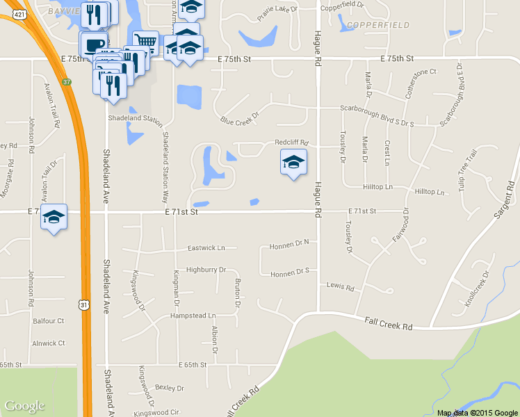 map of restaurants, bars, coffee shops, grocery stores, and more near 7540 East 71st Street in Indianapolis