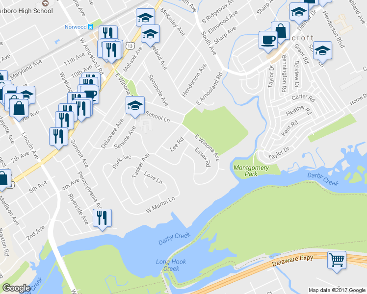map of restaurants, bars, coffee shops, grocery stores, and more near 503 Devon Road in Norwood