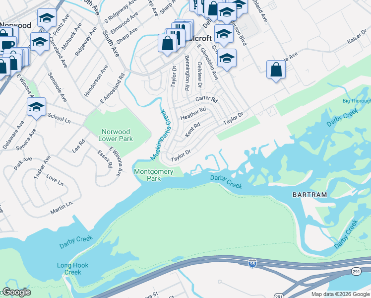 map of restaurants, bars, coffee shops, grocery stores, and more near 1015 Taylor Drive in Folcroft