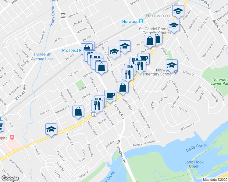 map of restaurants, bars, coffee shops, grocery stores, and more near 701 Lincoln Avenue in Prospect Park