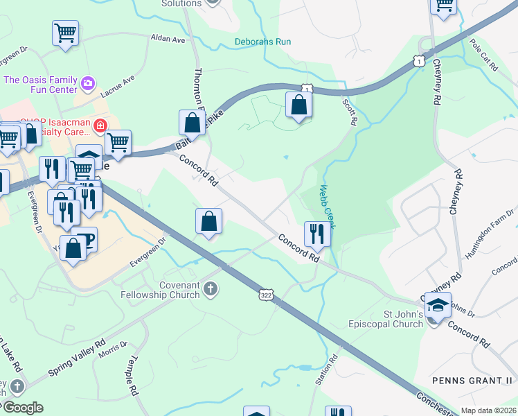 map of restaurants, bars, coffee shops, grocery stores, and more near 786 Concord Road in Glen Mills