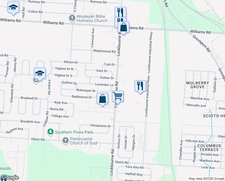 map of restaurants, bars, coffee shops, grocery stores, and more near 1086 Robmeyer Drive in Columbus
