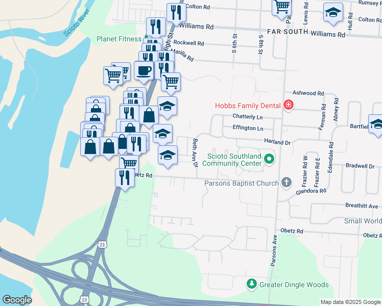 map of restaurants, bars, coffee shops, grocery stores, and more near 3835 Beth Ann Drive in Columbus