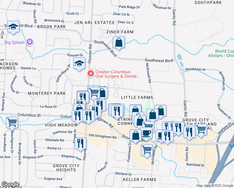 map of restaurants, bars, coffee shops, grocery stores, and more near 2303 Sonora Drive in Grove City