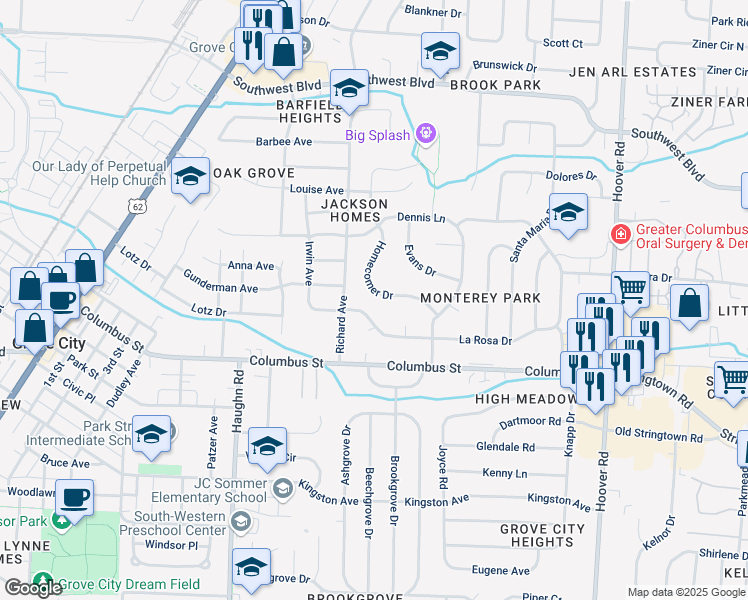 map of restaurants, bars, coffee shops, grocery stores, and more near 2861 Homecomer Drive in Grove City