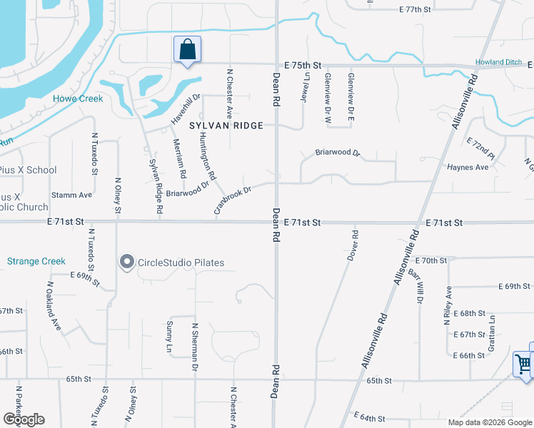 map of restaurants, bars, coffee shops, grocery stores, and more near 7102 Dean Road in Indianapolis