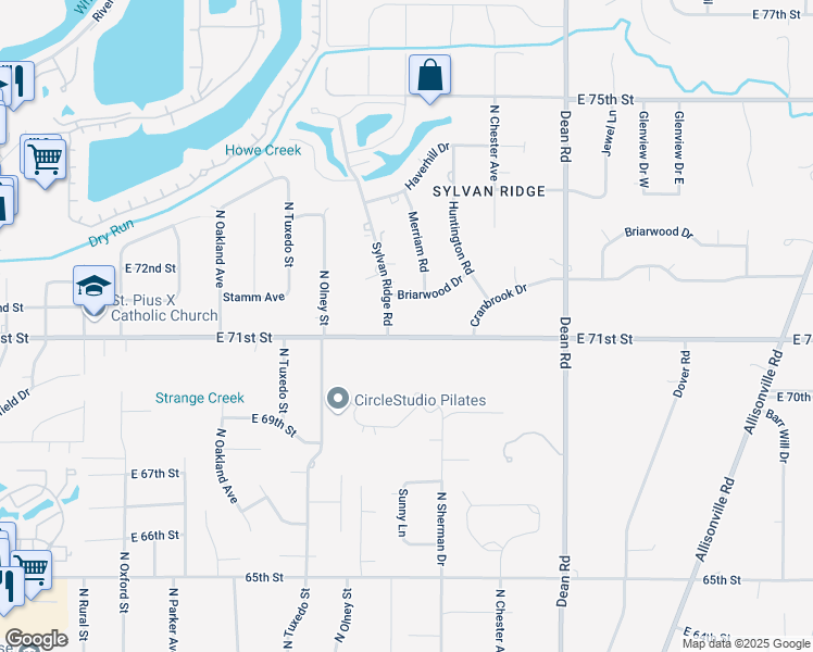 map of restaurants, bars, coffee shops, grocery stores, and more near 3712 East 71st Street in Indianapolis
