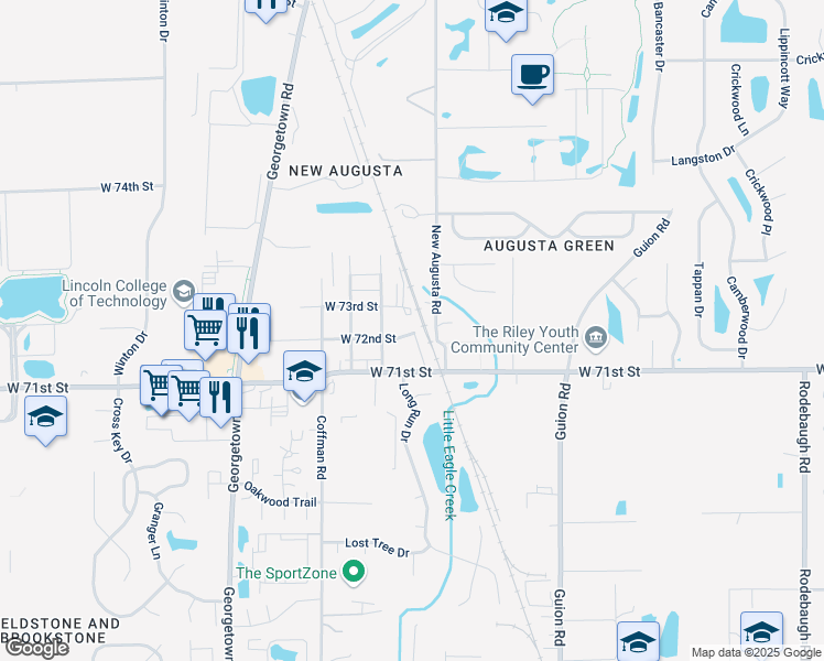 map of restaurants, bars, coffee shops, grocery stores, and more near 4540 West 72nd Street in Indianapolis