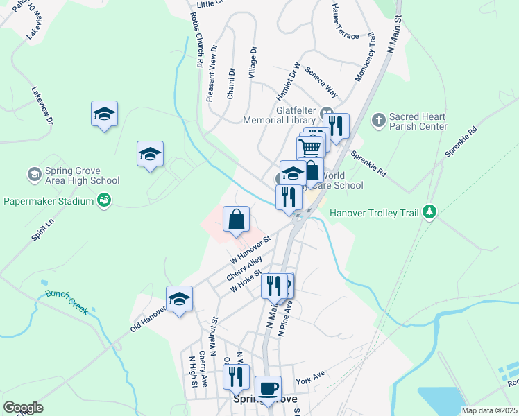 map of restaurants, bars, coffee shops, grocery stores, and more near 26 Campus Court in Spring Grove