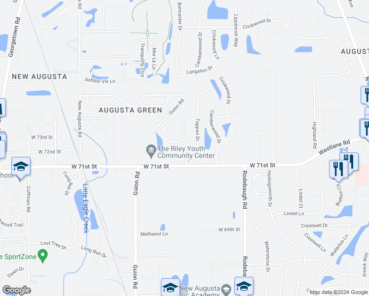 map of restaurants, bars, coffee shops, grocery stores, and more near 7156 Bradford Woods Way in Indianapolis