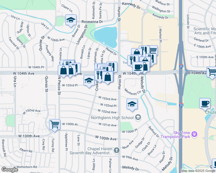 map of restaurants, bars, coffee shops, grocery stores, and more near 970 West 104th Avenue in Northglenn