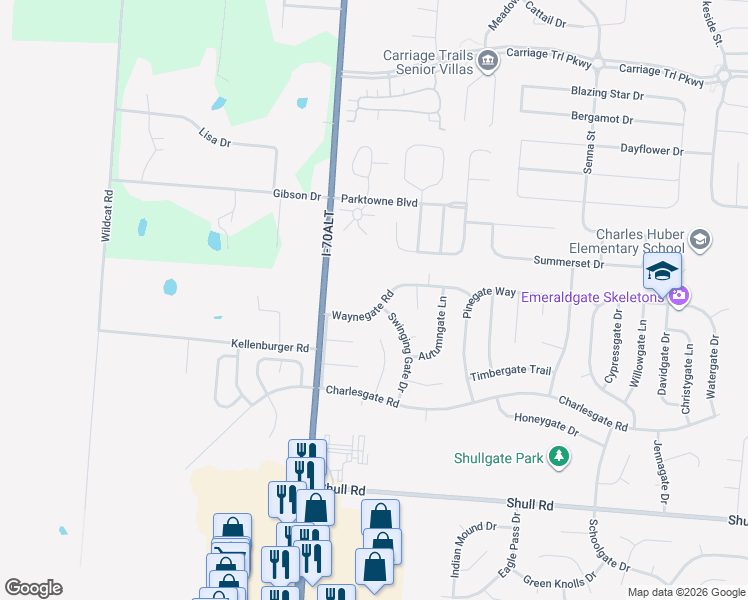 map of restaurants, bars, coffee shops, grocery stores, and more near 5778 Waynegate Road in Dayton