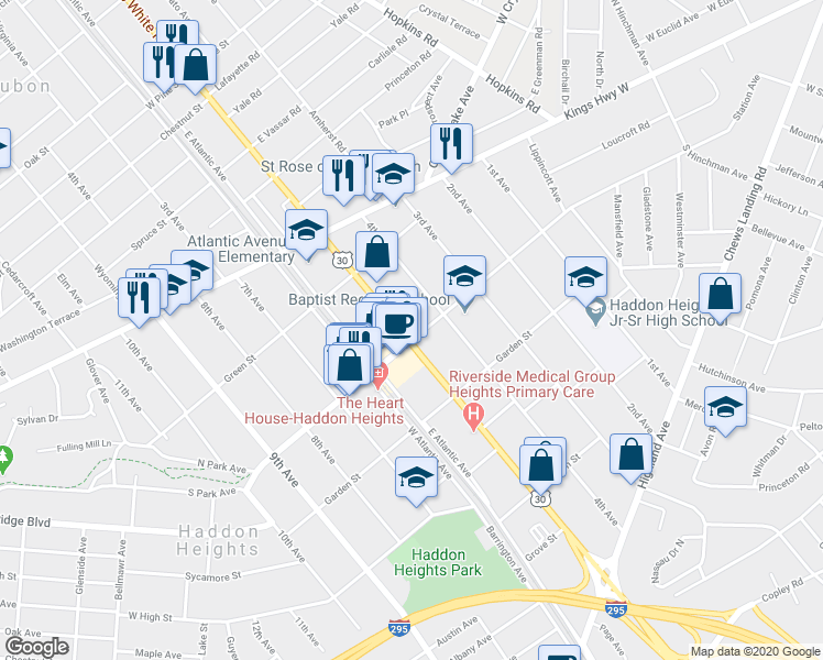 map of restaurants, bars, coffee shops, grocery stores, and more near 131 White Horse Pike in Haddon Heights