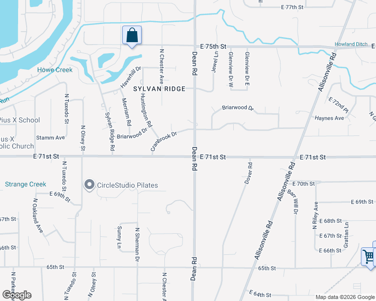 map of restaurants, bars, coffee shops, grocery stores, and more near 7102 Dean Road in Indianapolis