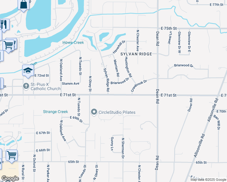 map of restaurants, bars, coffee shops, grocery stores, and more near 3712 East 71st Street in Indianapolis